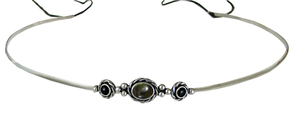 Sterling Silver Renaissance Style Exquisite Headpiece Circlet Tiara With Spectrolite And Black Onyx
